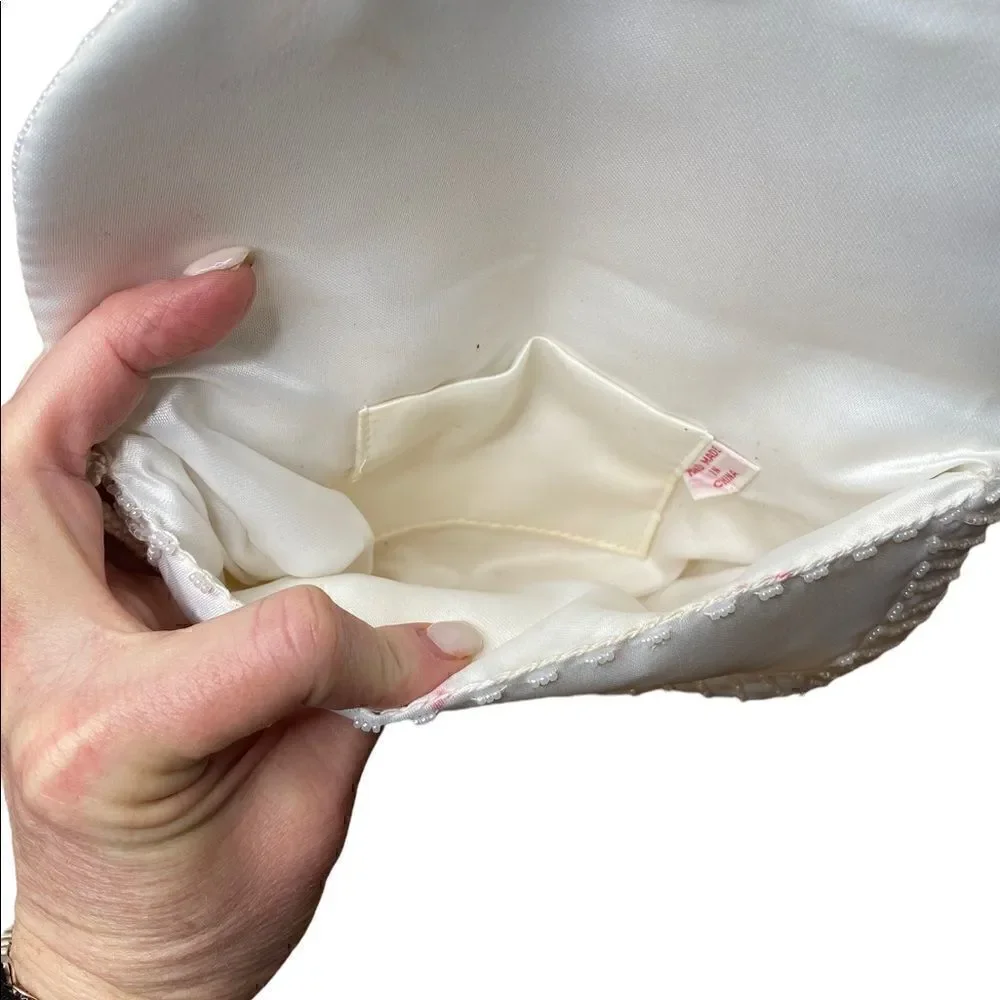 White wedding Prom beaded satin clutch with string crossbody all beads in tact